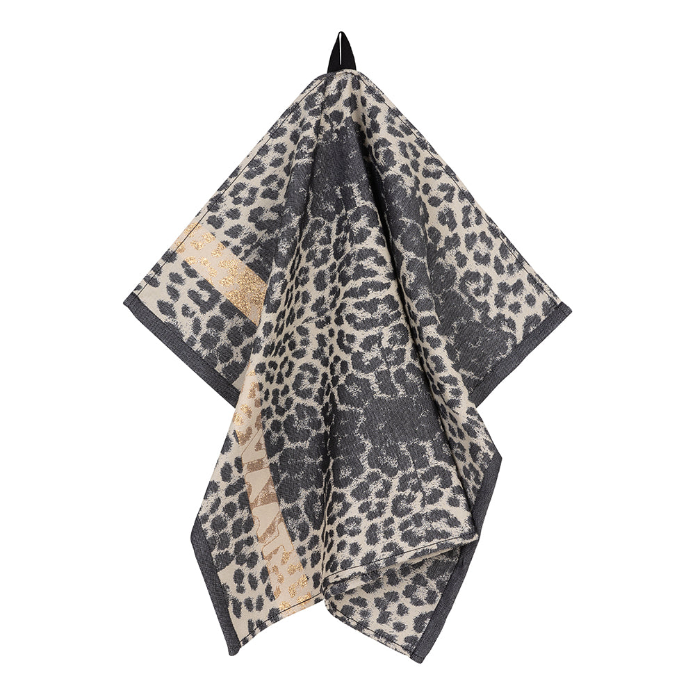 Theedoeken I love leopard - black / sand met lurex bies - 50 x 70 cm (6 stuks)
