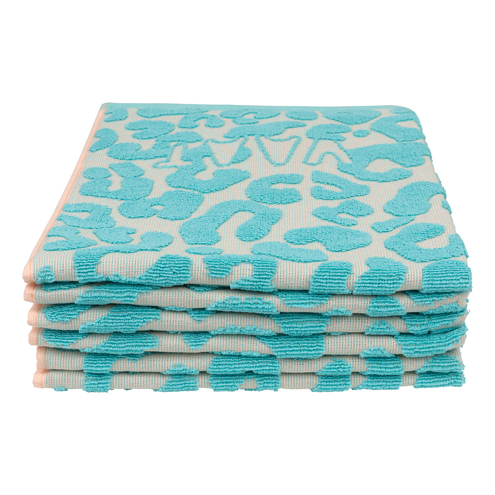 Set keukenhanddoeken I love leopard met reliëf  turquoise / soft pink  - 50 x 60 cm (6 stuks)
