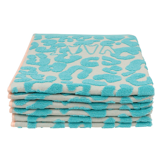 Set keukenhanddoeken I love leopard met reliëf  turquoise / soft pink  - 50 x 60 cm (6 stuks)