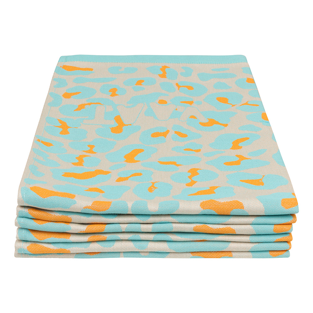 Set theedoeken I love leopard - Tiffany turquoise / Hermès oranje - 50 x 70 cm (6 stuks)