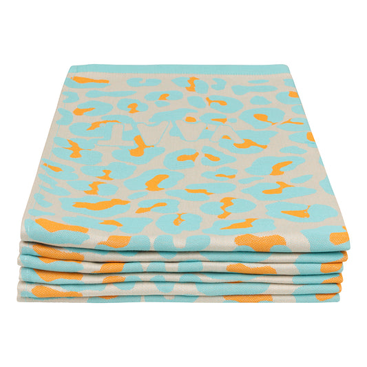 Set theedoeken I love leopard - Tiffany turquoise / Hermès oranje - 50 x 70 cm (6 stuks)